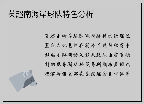 英超南海岸球队特色分析